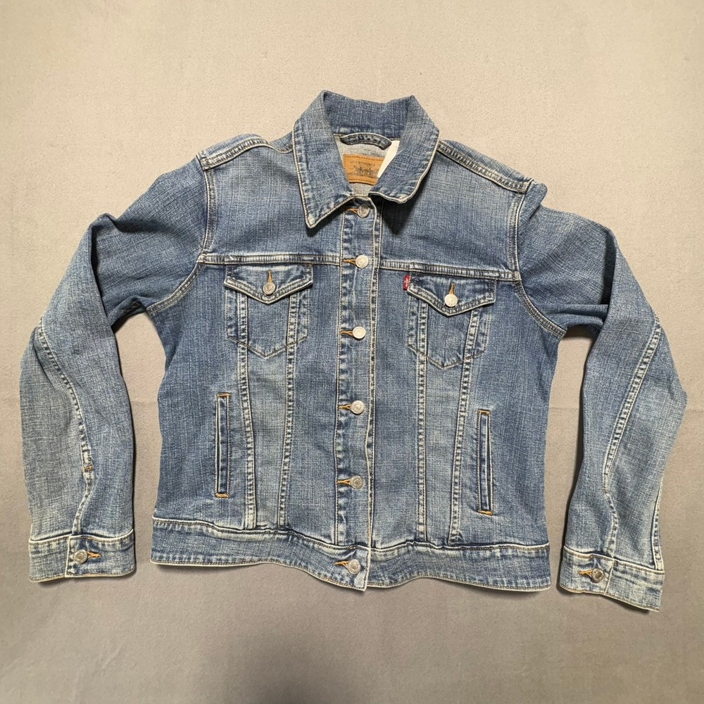 Levis Denim Trucker Jacket Womens L Medium Wash Stretch Jean Jacket Blue 2699